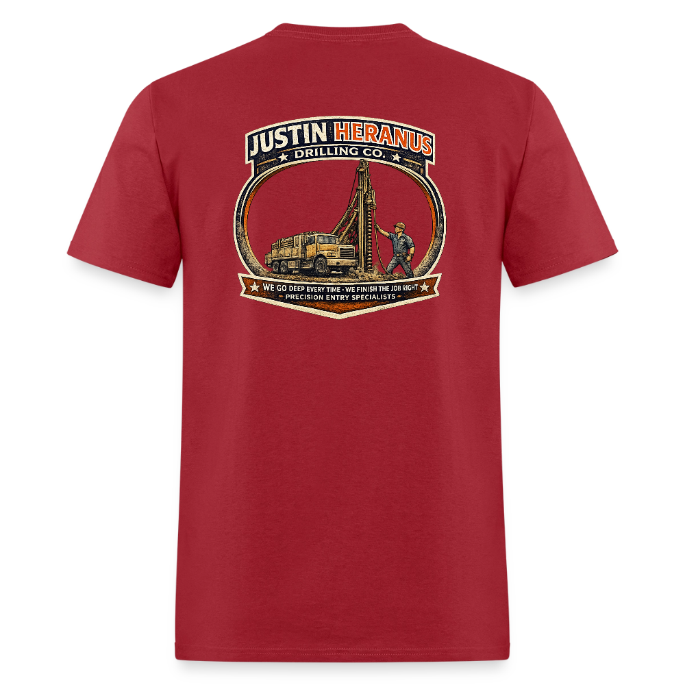 Justin Heranus Drilling Co Double Sided Funny Humor Tee - dark red