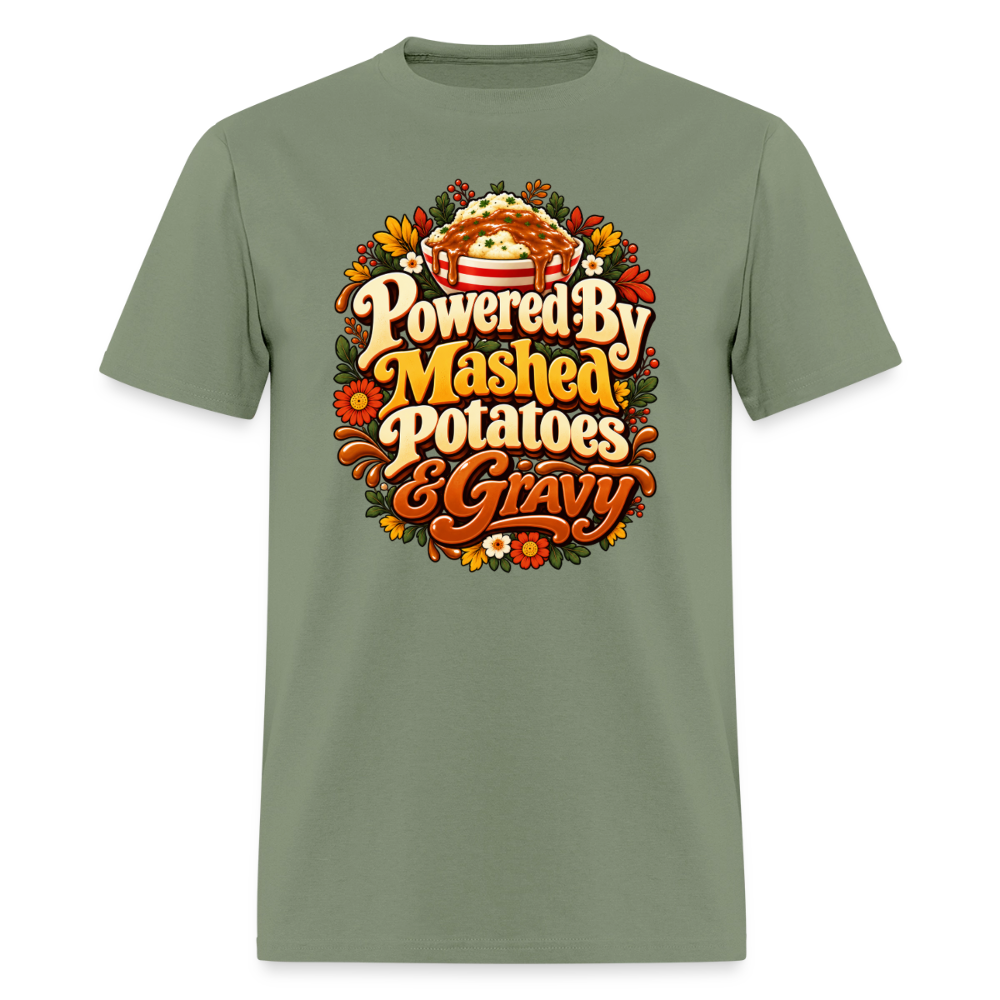Powered by Mashed Potatoes & Gravy – Fall Floral T-Shirt - military green