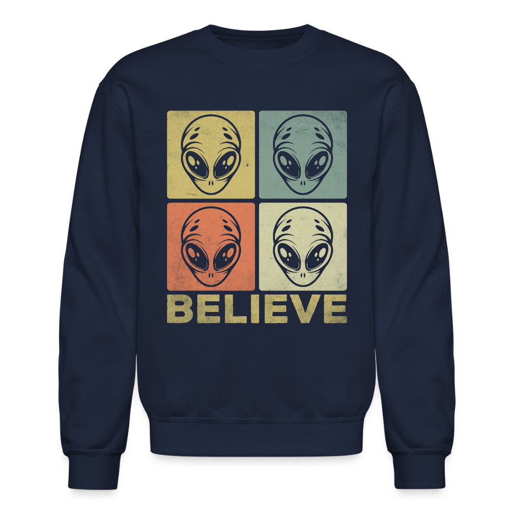 Believe Alien Sweatshirt – Fun UFO Style with Alien Faces Color: navy