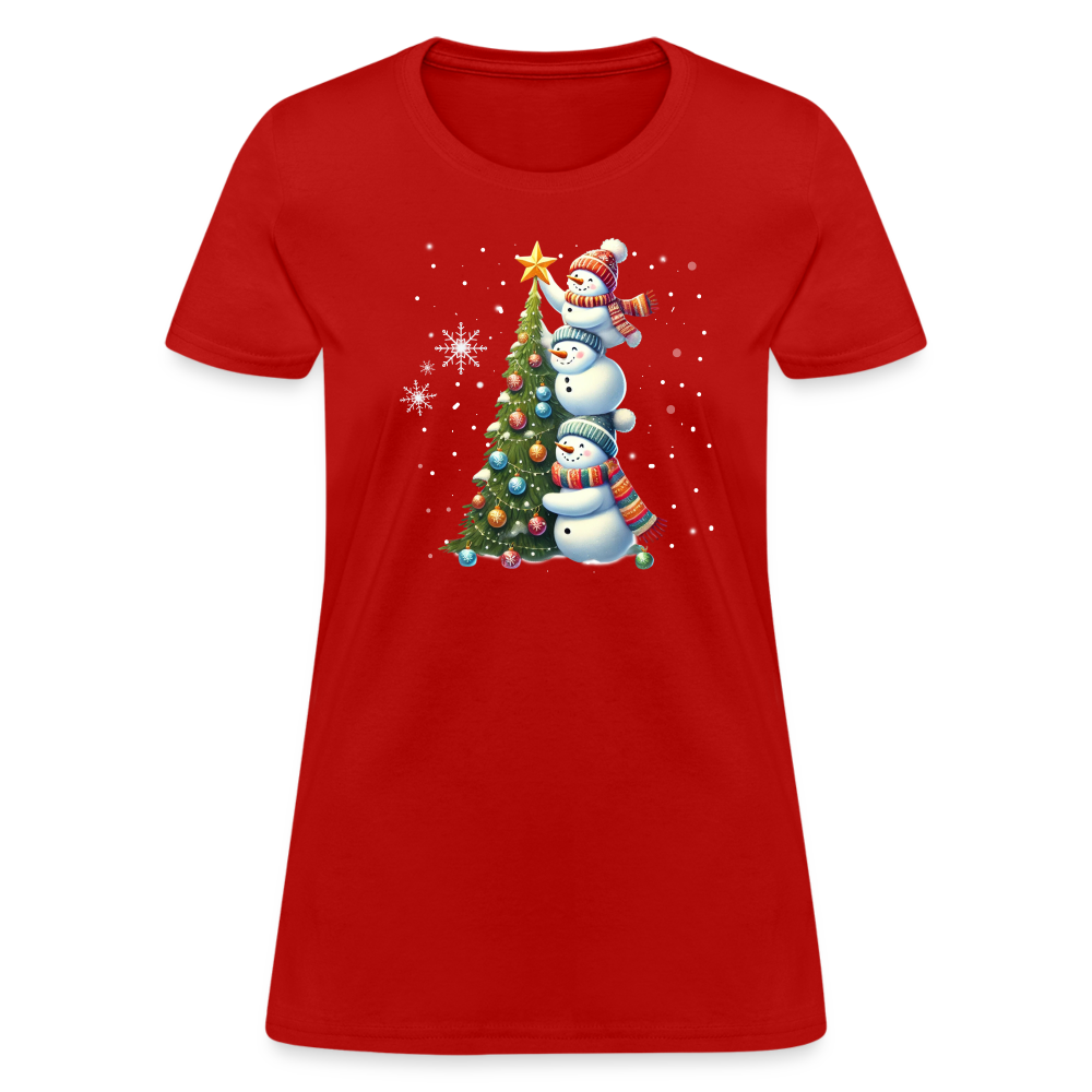 Cute Snowman Decorating Christmas Tree Women's Contoured T-Shirt - red