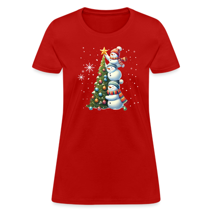 Cute Snowman Decorating Christmas Tree Women's Contoured T-Shirt - red