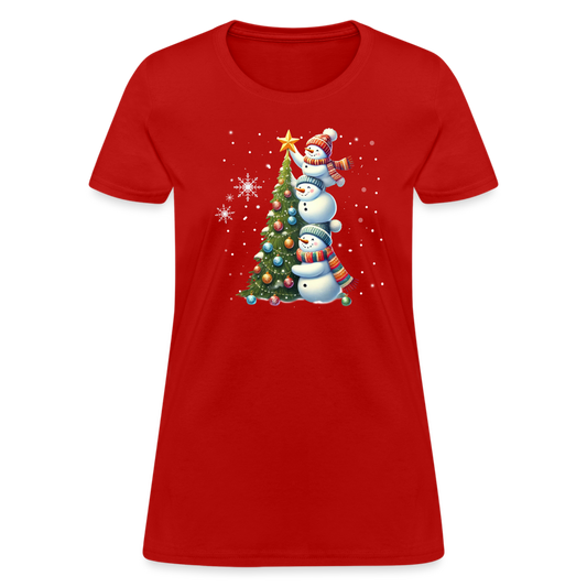 Cute Snowman Decorating Christmas Tree Women's Contoured T-Shirt - red