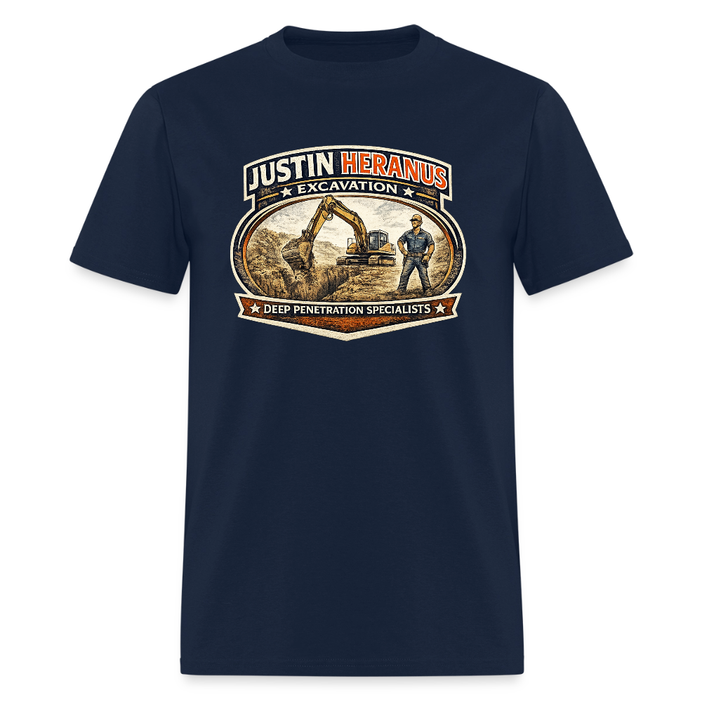 Justin Heranus Excavation T-Shirt Funny Adult Humor Tee - navy