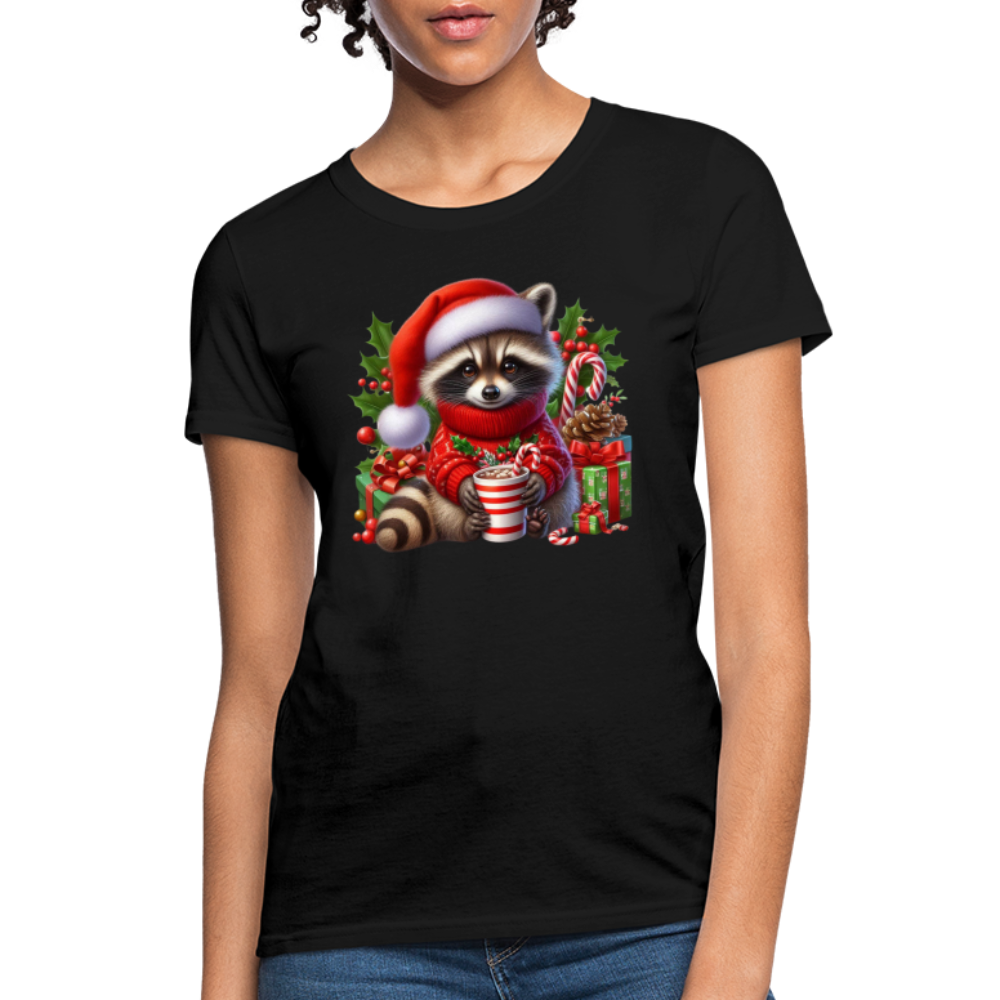 Christmas Cute Feral Raccoon Women's Contoured T-Shirt - black