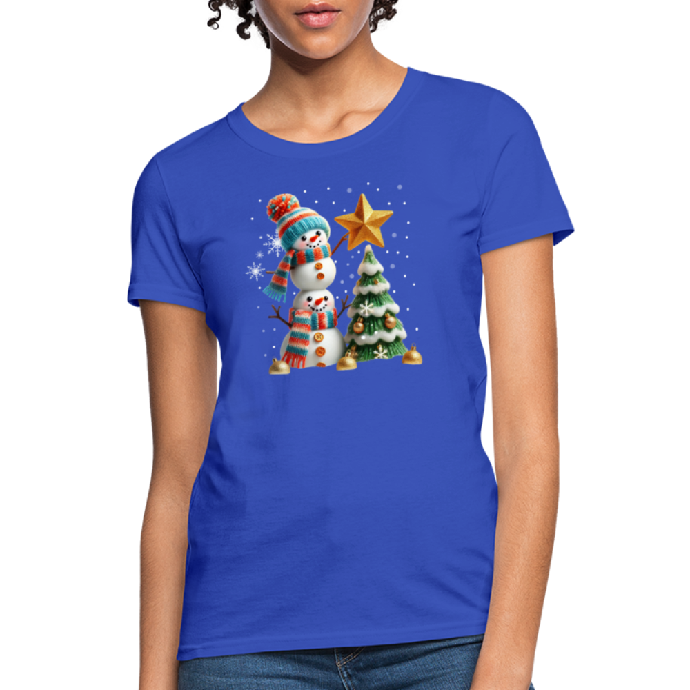 Cute Christmas Funny Snowman Decorating Tree Women's Contoured T-Shirt - royal blue