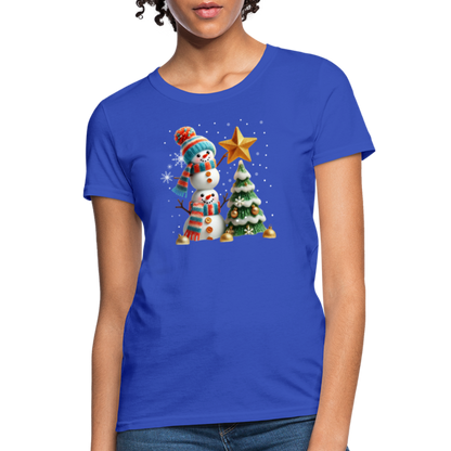 Cute Christmas Funny Snowman Decorating Tree Women's Contoured T-Shirt - royal blue