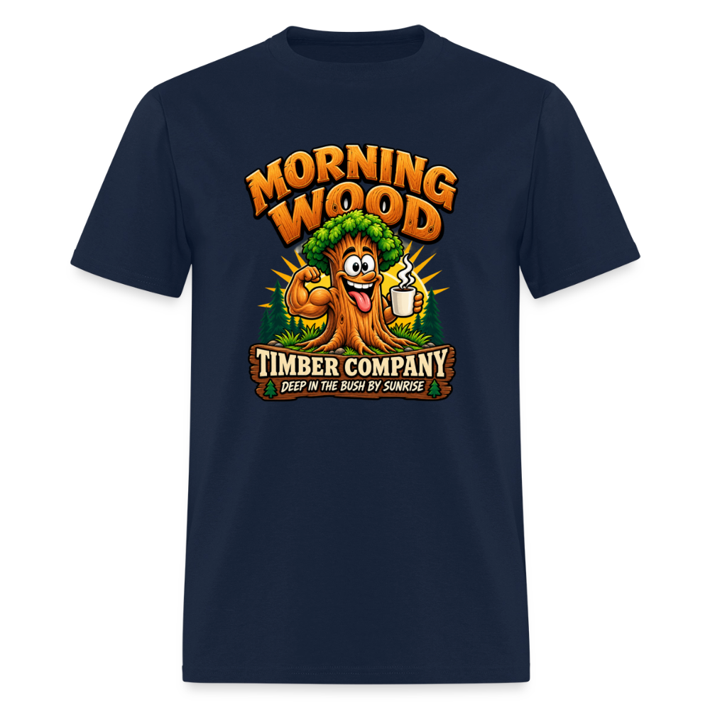 Morning Wood Timber Company Funny Adult Humor T-Shirt – Deep in the Bush by Sunrise Color: Navy