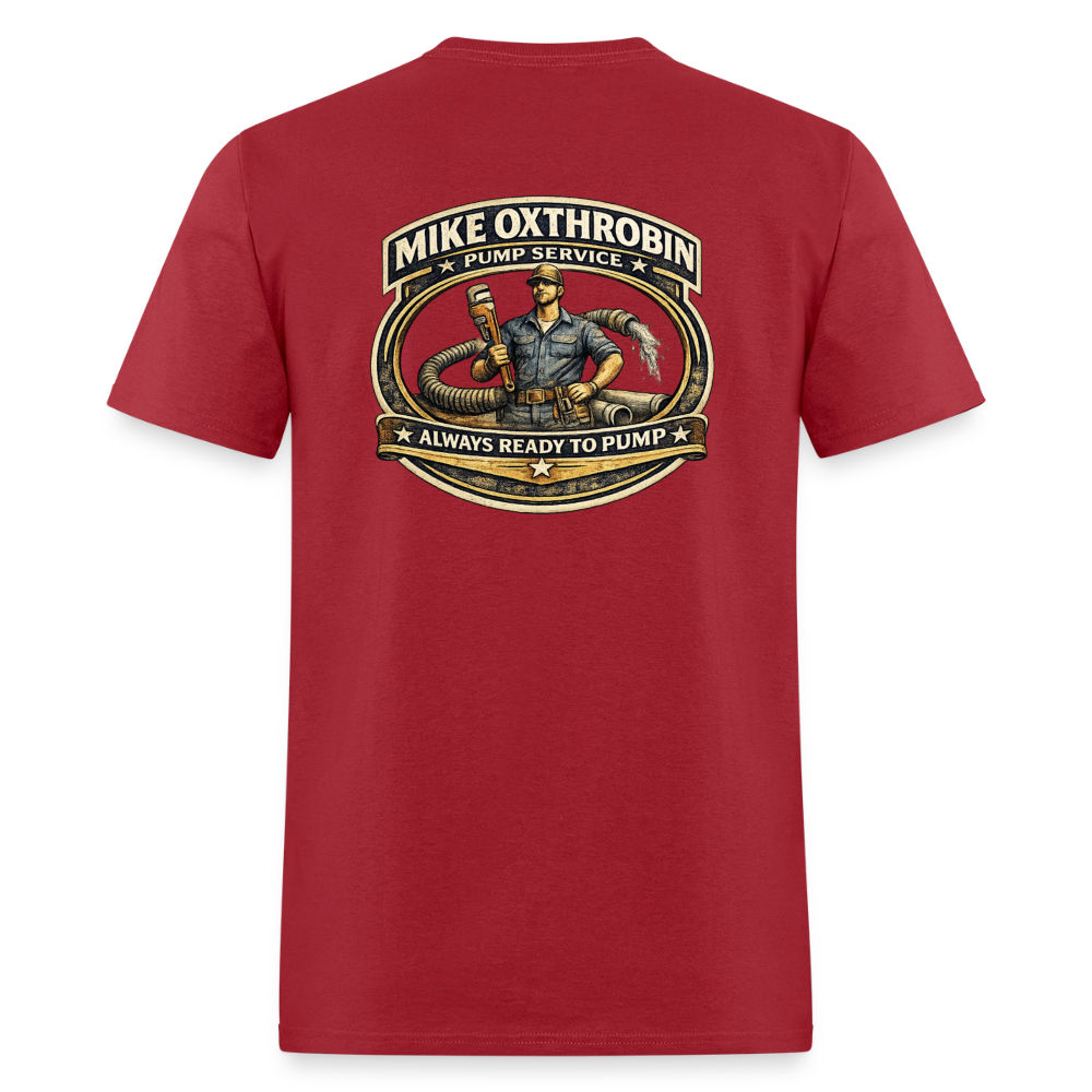 Mike Oxthrobin Pump Service Double-Sided Funny Humor Tee Color: dark red
