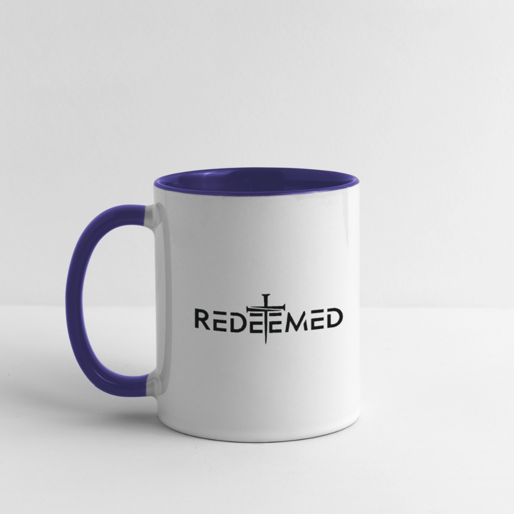 Redeemed Coffee Mug – Faith-Based Christian Design - white/cobalt blue