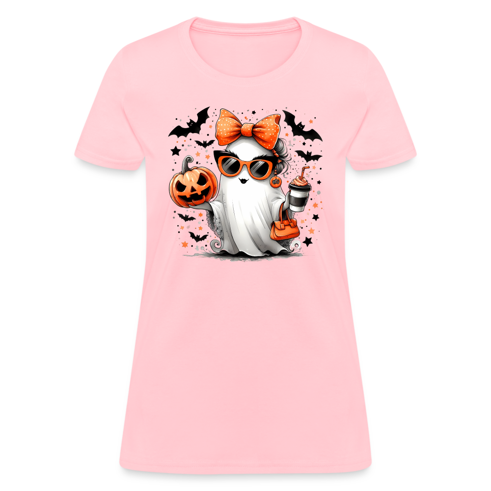 Cute Halloween Ghost with Pumpkins and Bats Women's T-Shirt (Mom Halloween Tee) - pink