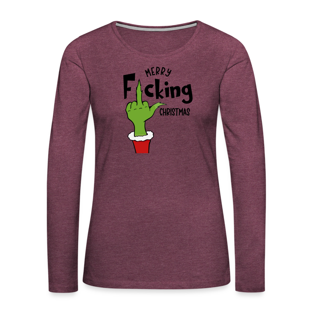 Merry F*cking Christmas Grumpy Middle Finger Women's Premium Long Sleeve T-Shirt - heather burgundy