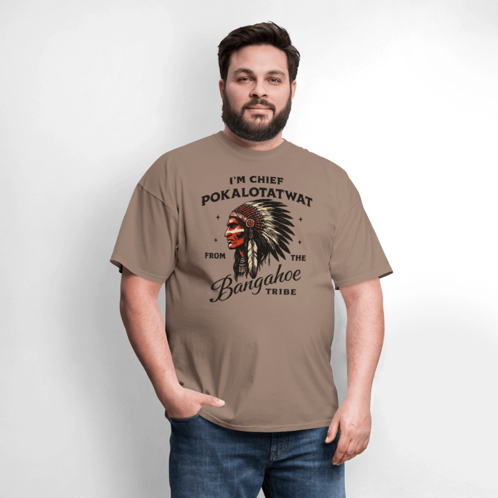 Chief Pokalotatwat From the Bangahoe Tribe T-Shirt Color: heather gray