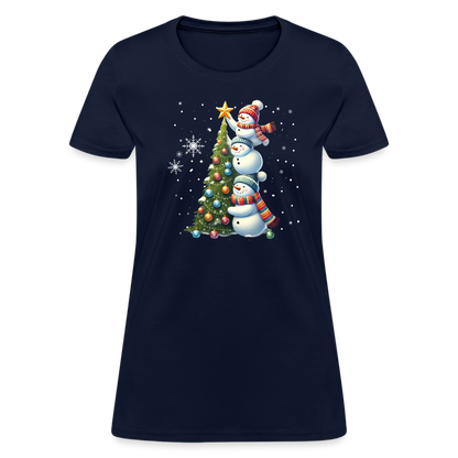 Cute Snowman Decorating Christmas Tree Women's Contoured T-Shirt - navy