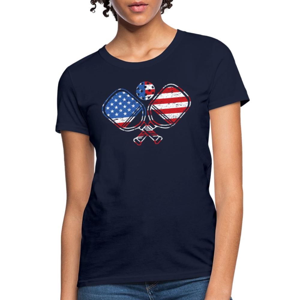 American Flag Pickleball Paddle Women's Contoured T-Shirt - navy