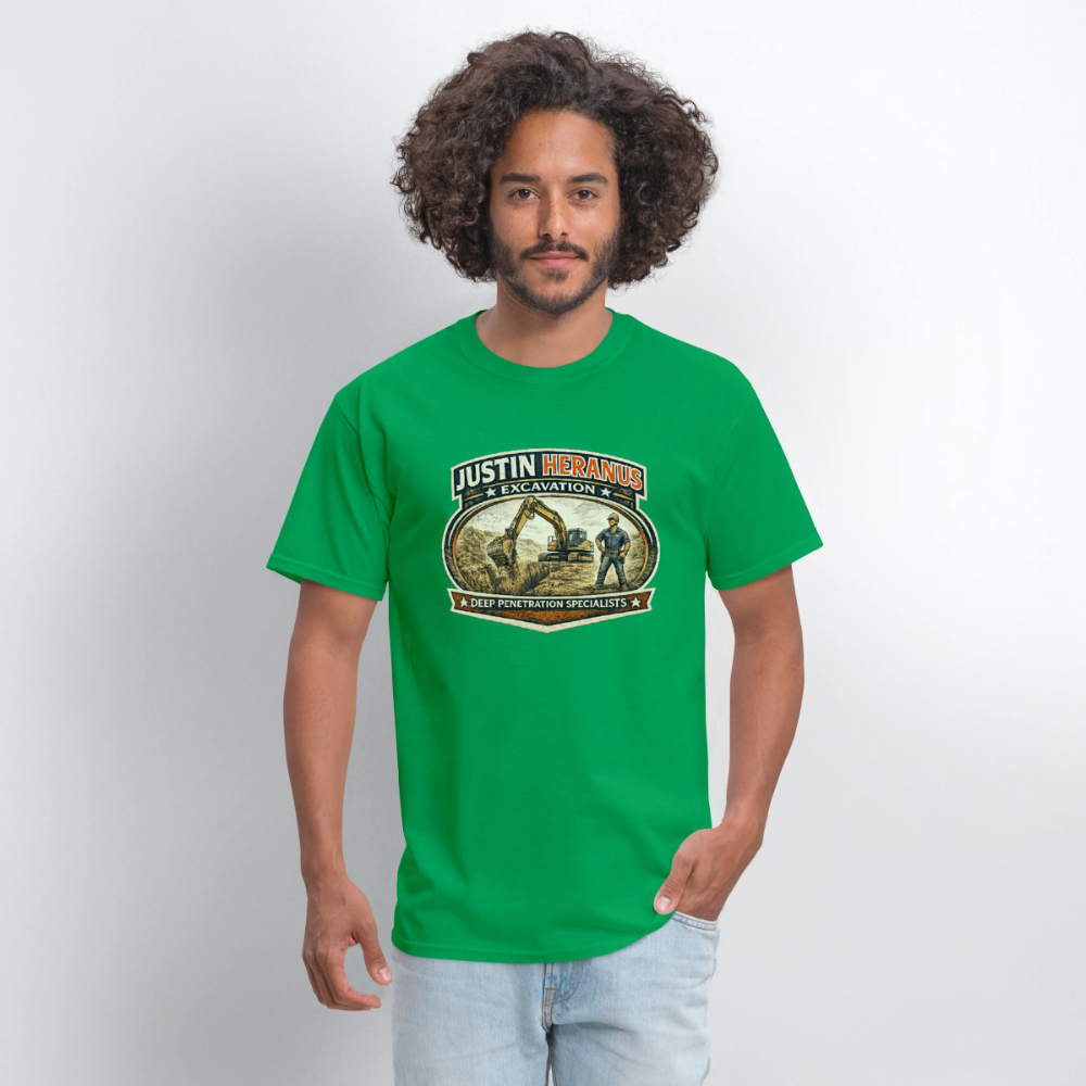 Justin Heranus Excavation T-Shirt Funny Adult Humor Tee - bright green