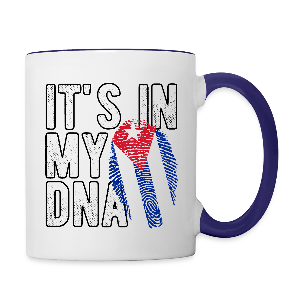 Cuban DNA Coffee Mug – Fingerprint Flag Design - white/cobalt blue