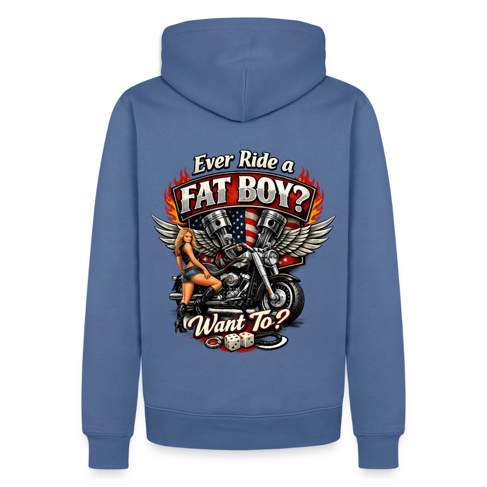 Ever Ride A Fat Boy Want To Funny Biker Hoodie (Front & Back) Color: Royal Blue