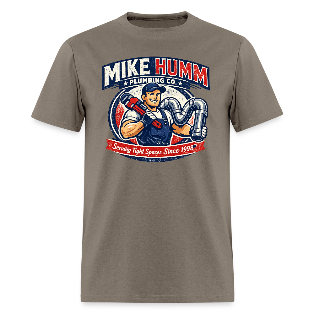 Mike Humm Plumbing T-Shirt (Adult Humor) Color: safari