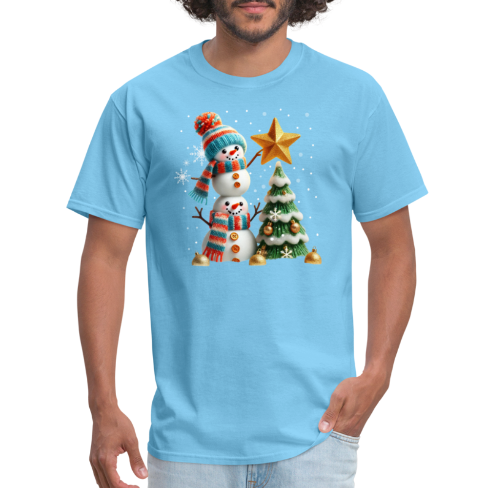 Cute Christmas Funny Snowman Decorating Tree T-Shirt - aquatic blue