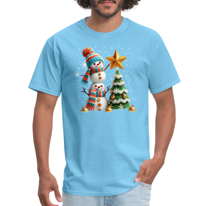 Cute Christmas Funny Snowman Decorating Tree T-Shirt - aquatic blue