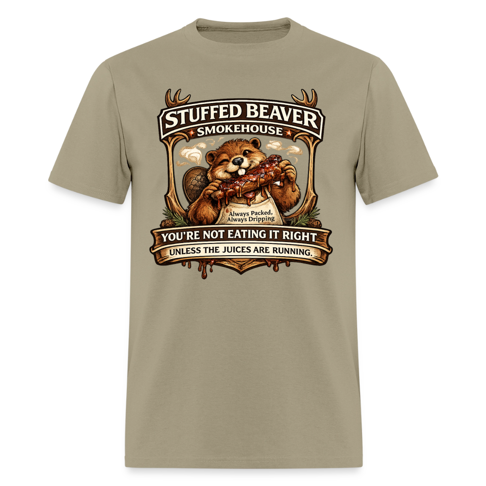 Stuffed Beaver Smokehouse Funny T-Shirt Color: Khaki