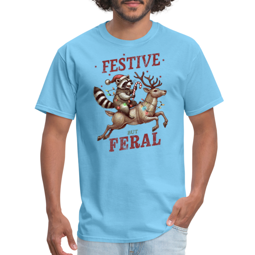 Festive But Feral Raccoon Christmas T-Shirt - aquatic blue