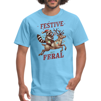 Festive But Feral Raccoon Christmas T-Shirt - aquatic blue