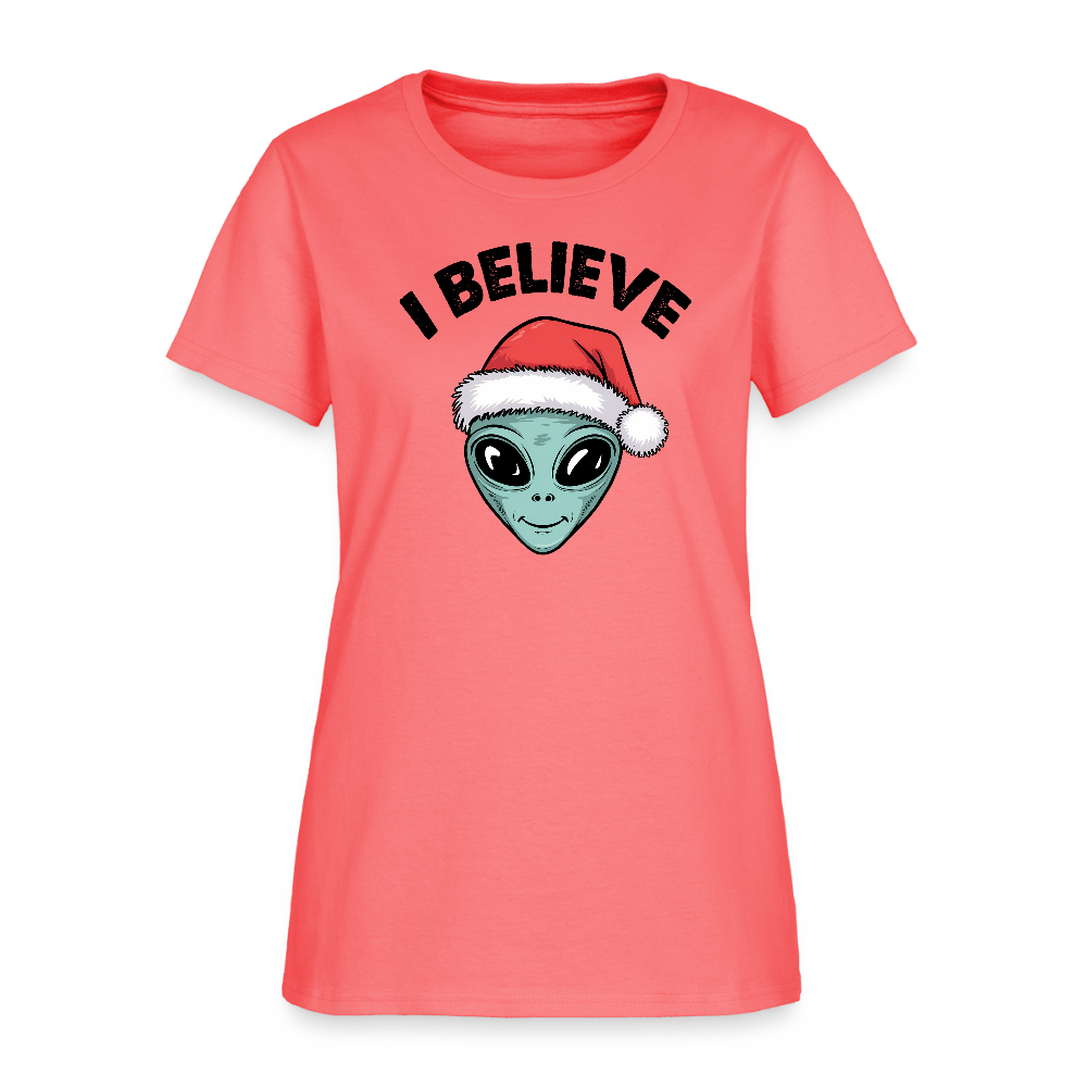 I Believe in Santa Women’s T-Shirt – Alien Christmas Tee Color: coral