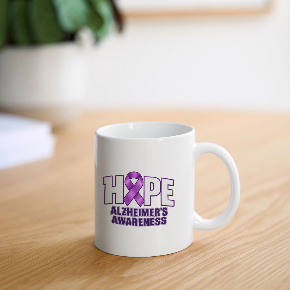 Hope Alzheimer’s Awareness Ceramic Coffee Mug – Purple Ribbon - white