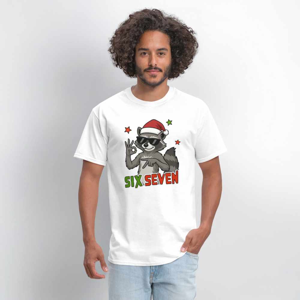 Six Seven 67 Raccoon Wearing Christmas Hat T-Shirt - white