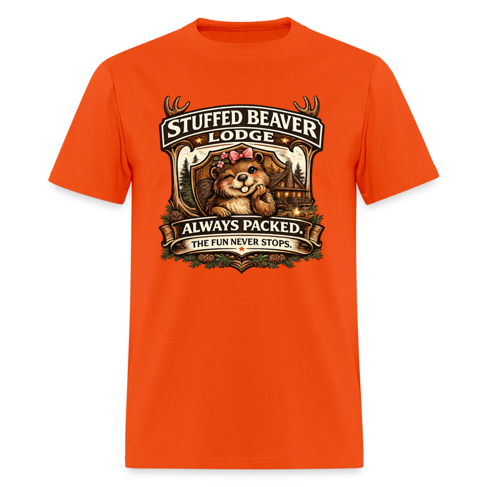 Stuffed Beaver Lodge Funny Adult T-Shirt Color: Orange