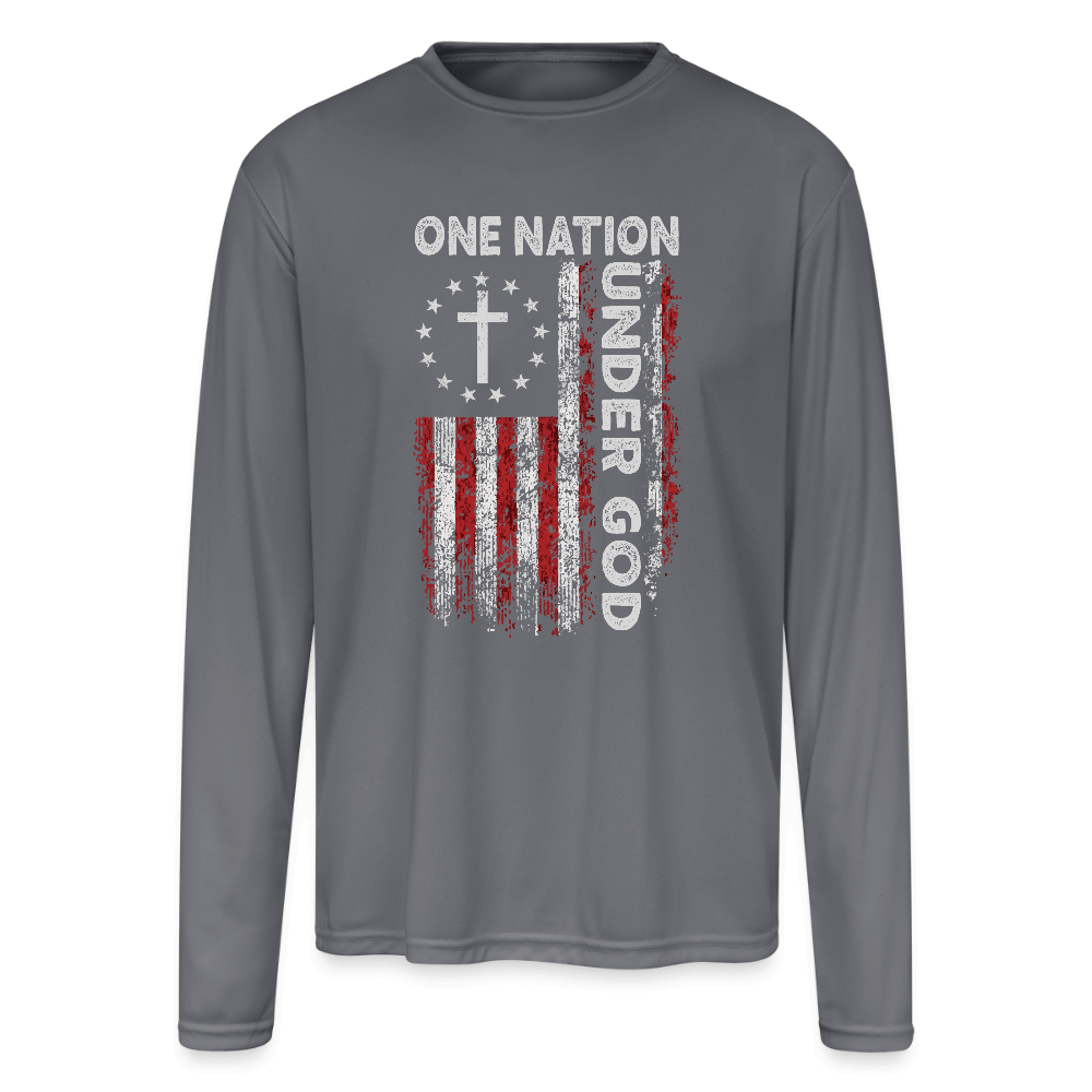 One Nation Under God Men’s Performance Long Sleeve – American Flag Design - gray