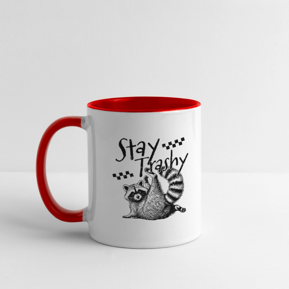Stay Trashy Coffee Mug – Funny Feral Raccoon Design - white/red
