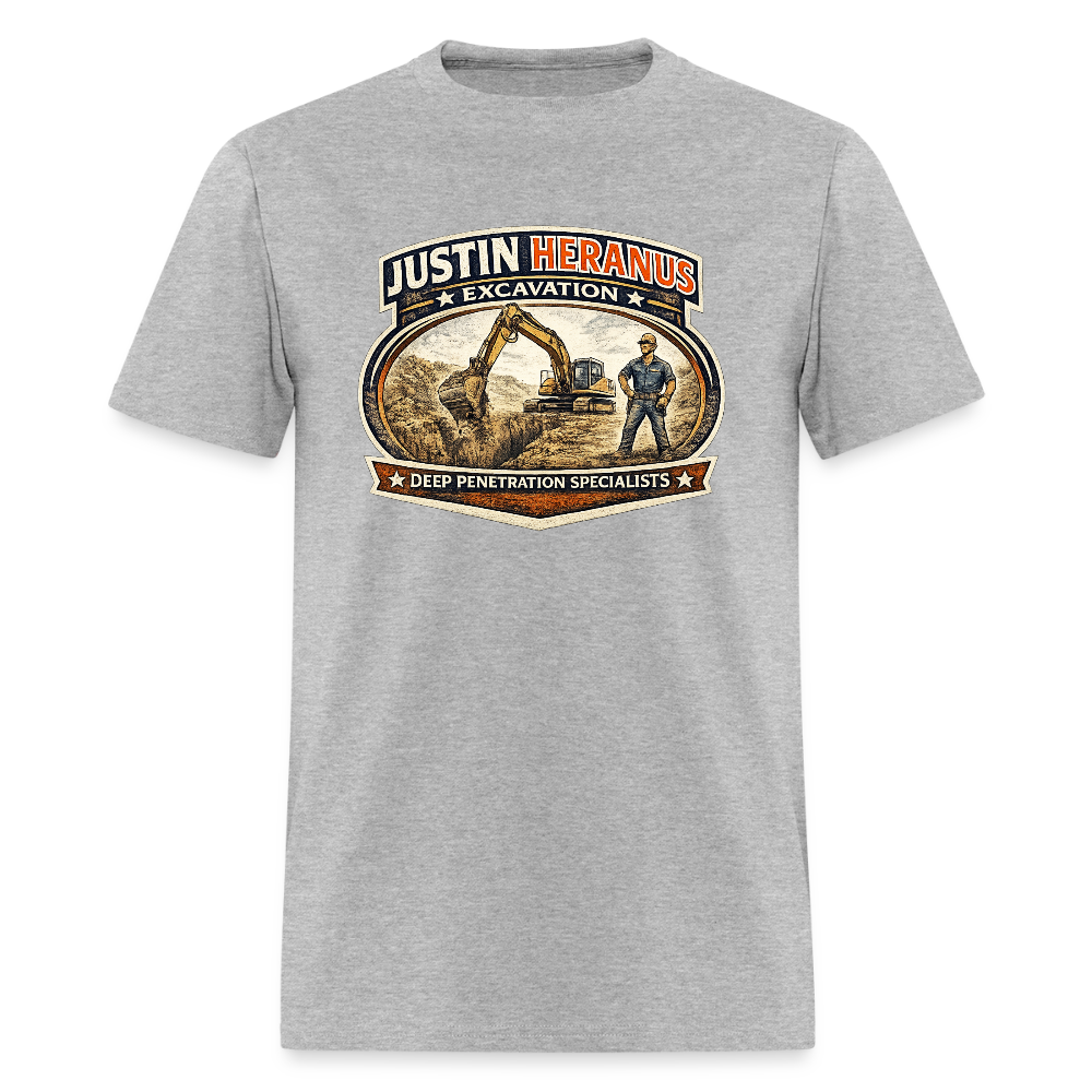 Justin Heranus Excavation T-Shirt Funny Adult Humor Tee - heather gray