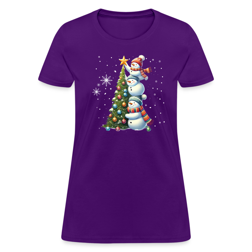 Cute Snowman Decorating Christmas Tree Women's Contoured T-Shirt - purple