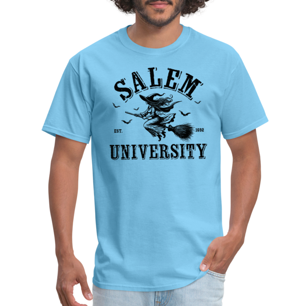 Salem University T-Shirt (Halloween Witch Riding Broom) - aquatic blue