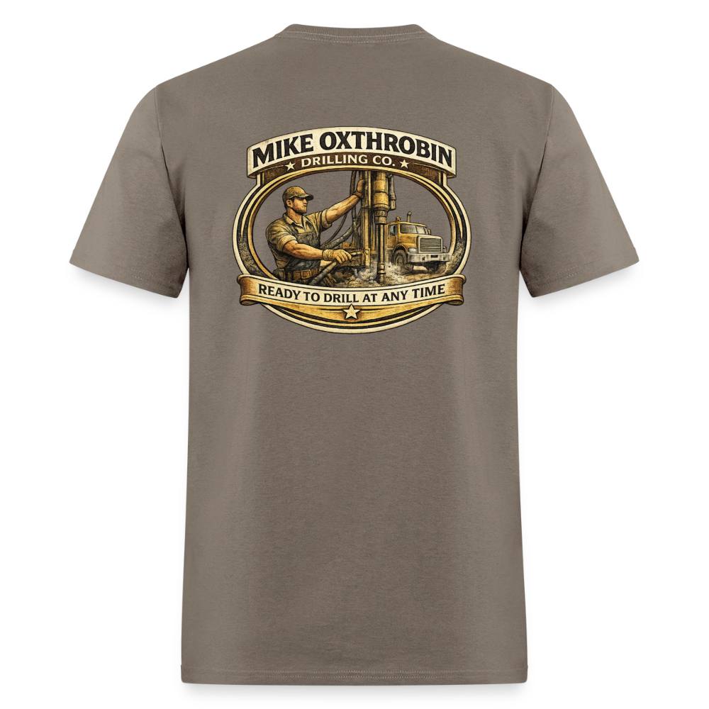 Mike Oxthrobin Drilling Co Double-Sided Funny Adult Humor Tee Color: charcoal