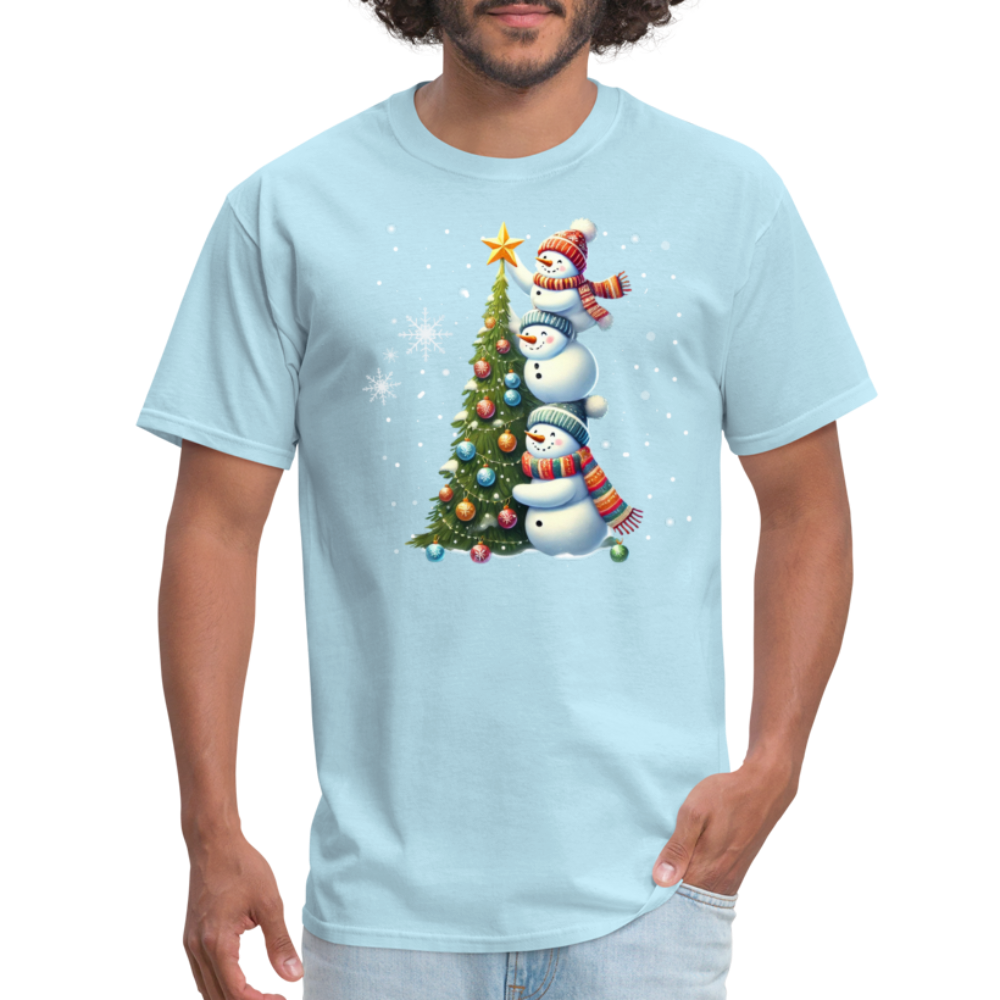 Cute Snowman Decorating Christmas Tree T-Shirt - powder blue