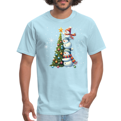 Cute Snowman Decorating Christmas Tree T-Shirt - powder blue