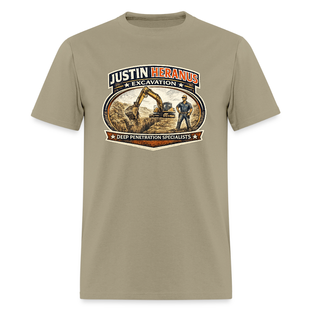 Justin Heranus Excavation T-Shirt Funny Adult Humor Tee - khaki