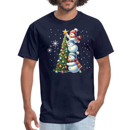 Cute Snowman Decorating Christmas Tree T-Shirt - navy