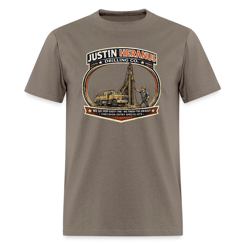 Justin Heranus Drilling Co T-Shirt Funny Adult Humor Tee - safari
