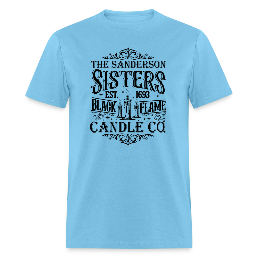 The Sanderson Sisters Black Flame Candle Co. T-Shirt (Halloween) - aquatic blue