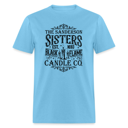 The Sanderson Sisters Black Flame Candle Co. T-Shirt (Halloween) - aquatic blue