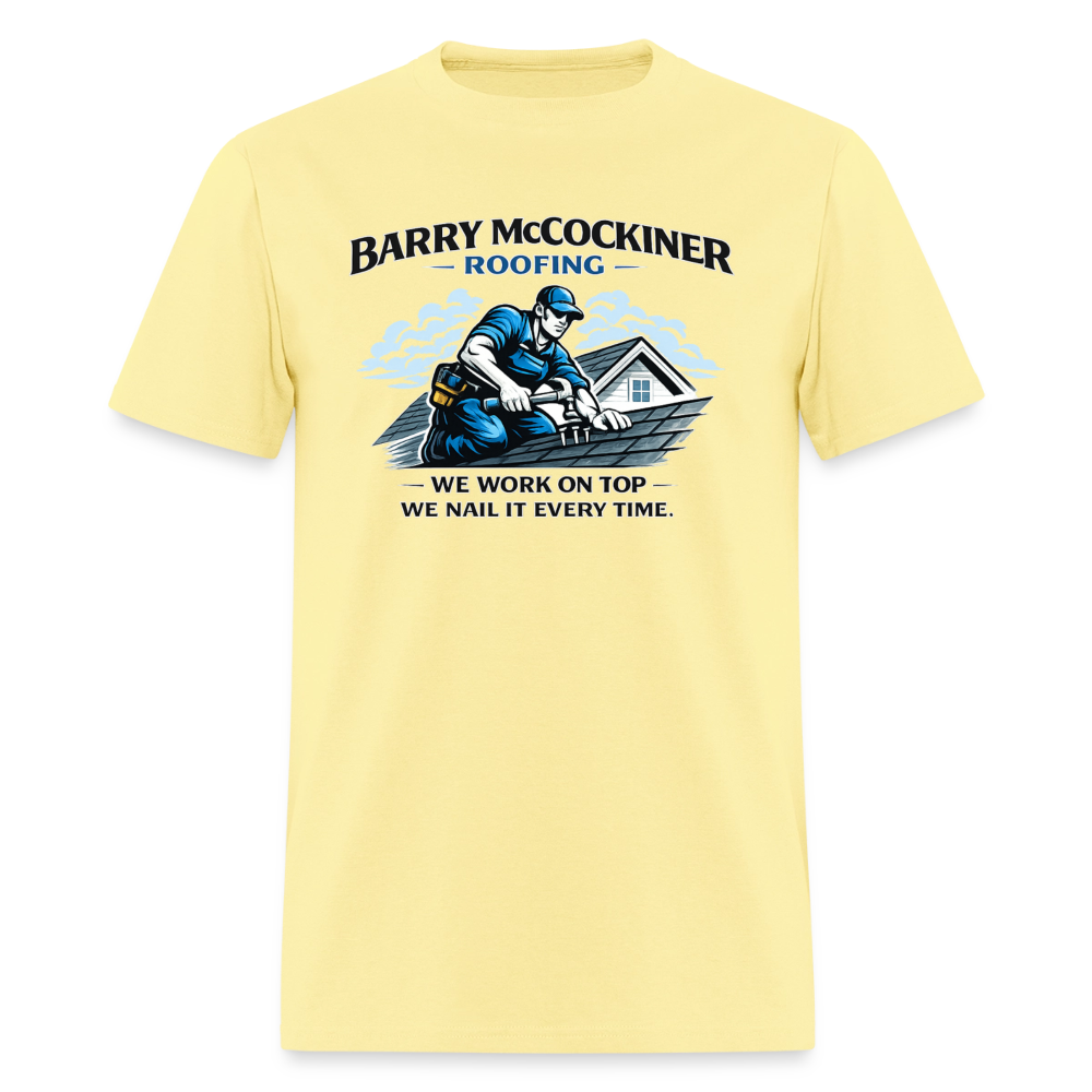 Barry McCockiner Roofing Funny Adult T-Shirt Color: Cornsilk