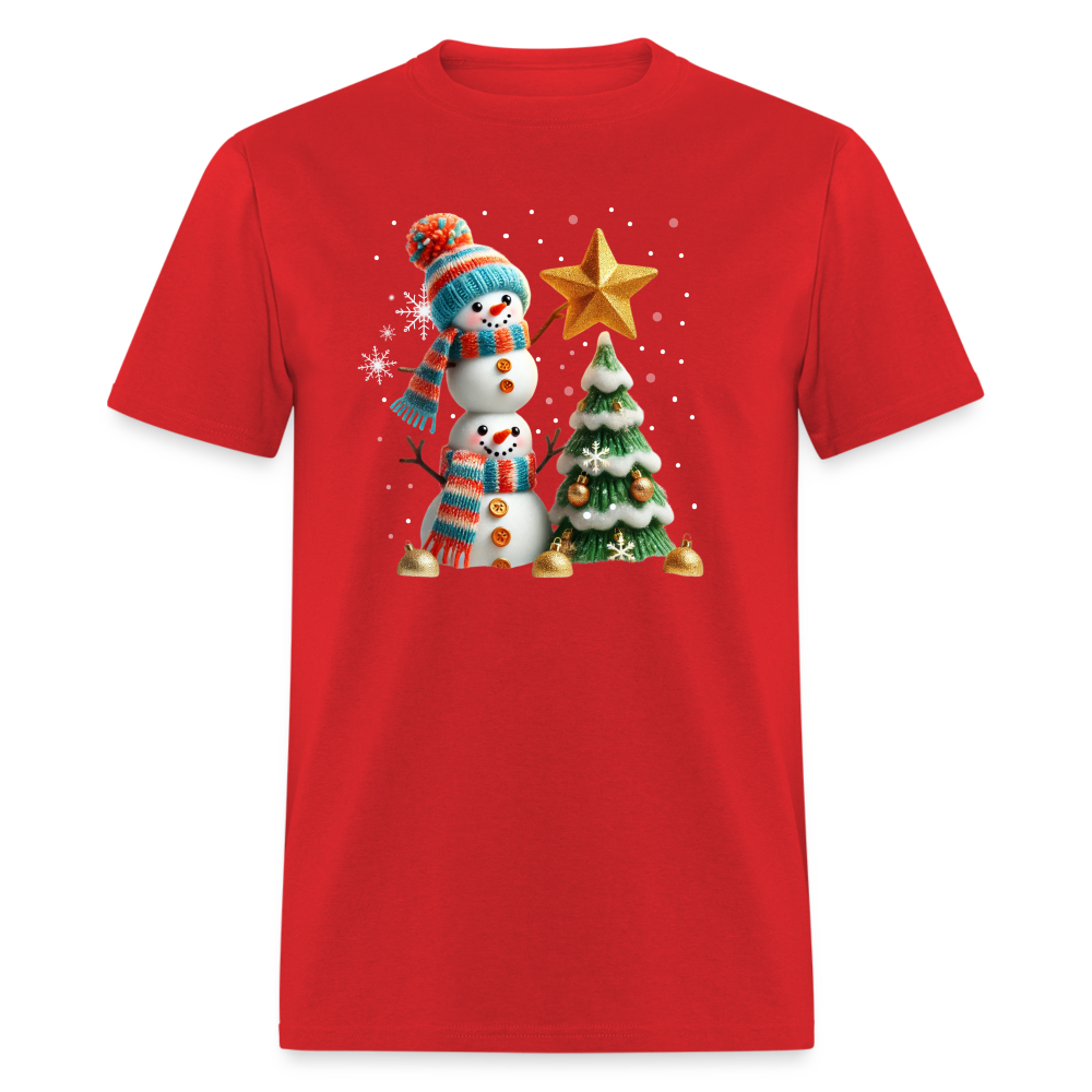 Cute Christmas Funny Snowman Decorating Tree T-Shirt - red