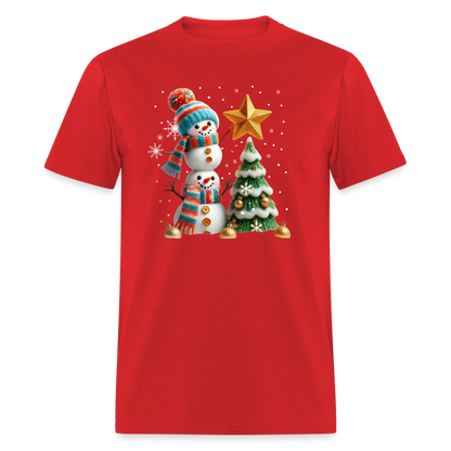 Cute Christmas Funny Snowman Decorating Tree T-Shirt - red