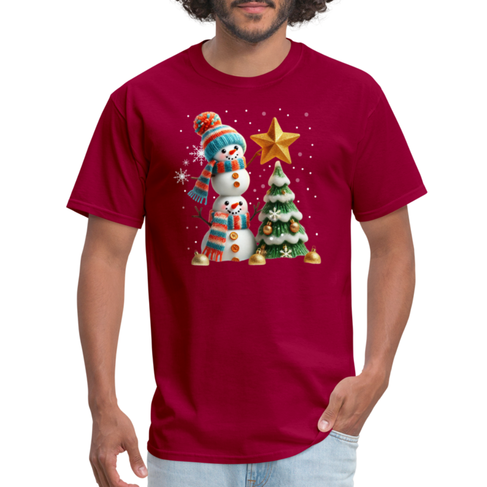 Cute Christmas Funny Snowman Decorating Tree T-Shirt - dark red