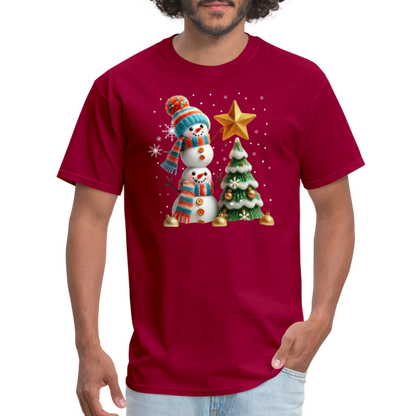 Cute Christmas Funny Snowman Decorating Tree T-Shirt - dark red