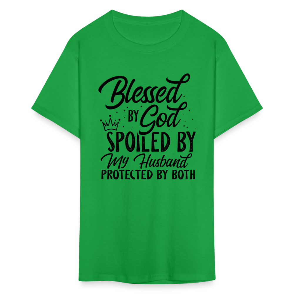 Blessed by God, Spoiled by My Husband Protected by Both T-Shirt - bright green